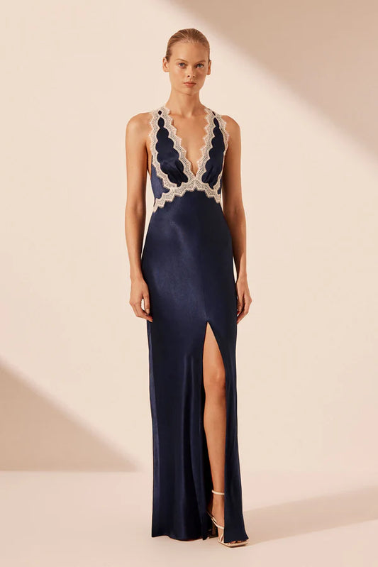 SHONA JOY Camille Lace Cross Back Split Maxi Dress- Navy