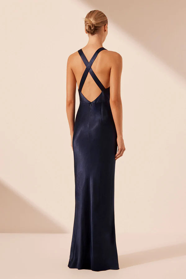 SHONA JOY Camille Lace Cross Back Split Maxi Dress- Navy