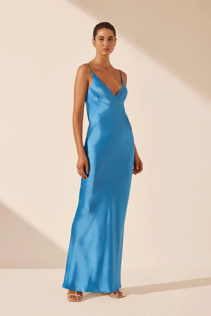 SHONA JOY Aqua Silk Plunged Slip Maxi Dress