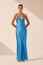 SHONA JOY Aqua Silk Plunged Slip Maxi Dress