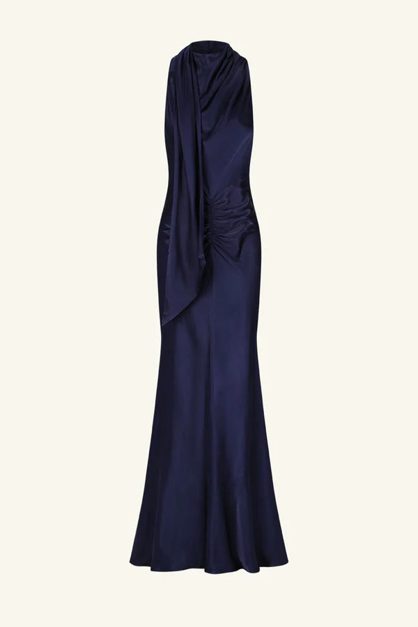 SHONA JOY Lino Scarf Neck Maxi- Navy