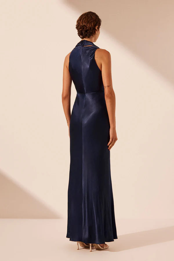 SHONA JOY Lino Scarf Neck Maxi- Navy