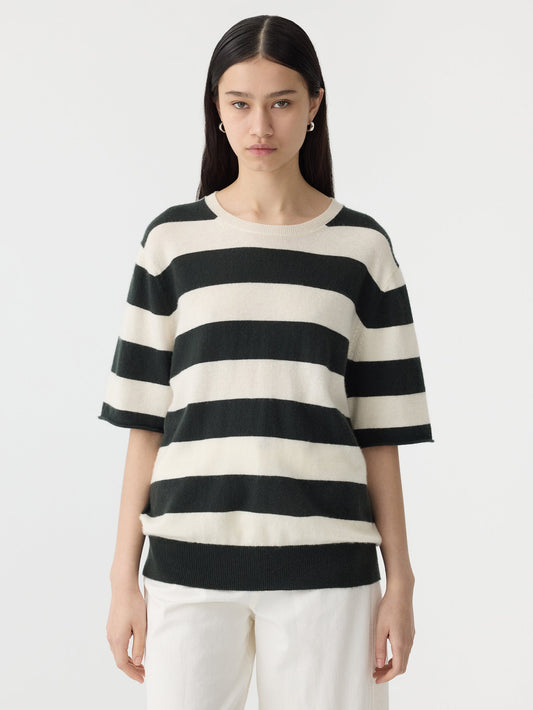 BASSIKE Stripe Merino Cashmere t-shirt- natural/kelp