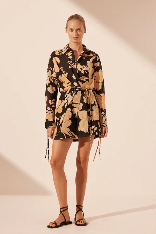 SHONA JOY Xenia Draped Shirt Mini Dress- print